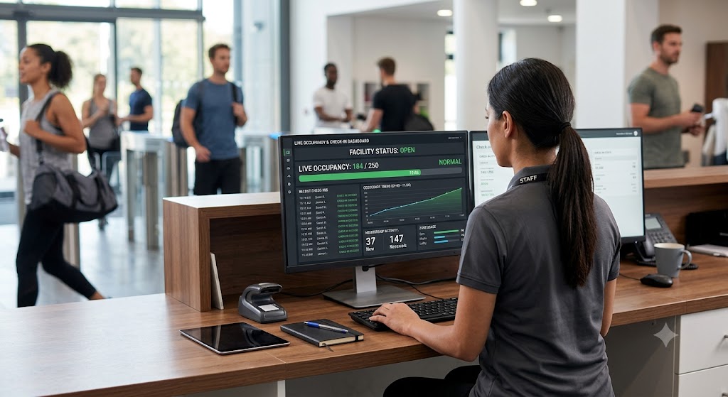 Staff Member Monitoring Live Facility Occupancy Data Through A Digital Membership Check-in Dashboard